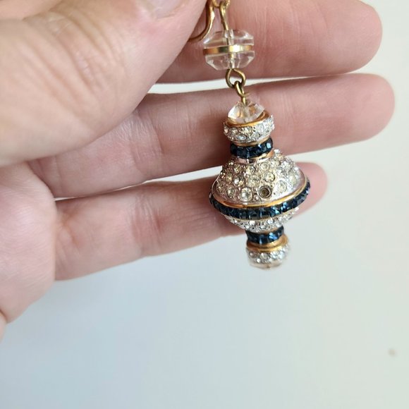 Large bridal clip on earrings with clear and blue rhinestones. - Picture 3 of 3